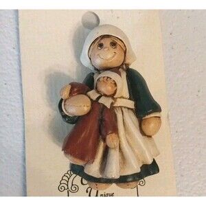 Vintage Hand Carved Pilgrim Pin Brooch Wooden Hand Painted Signed 1993 Michigan